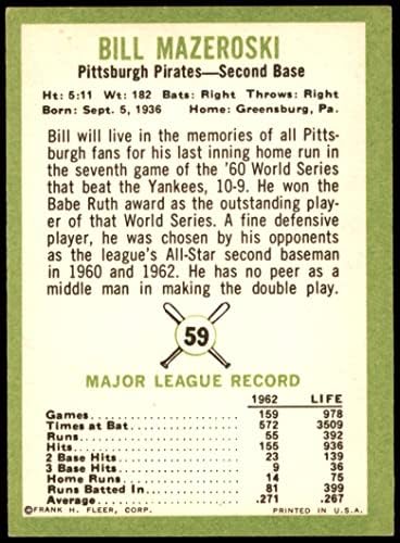 1963 Fleer 59 Bill Mazeroski Pittsburgh Pirates (Baseball Kártya) EX Kalózok