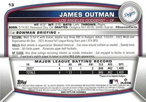 2023 Bowman Baseball 13 James Outman Újonc Kártya Dodgers
