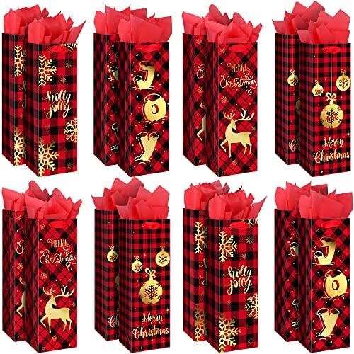 MIMIND 16 Pack Karácsonyi Boros Üveg Ajándék Táskák, selyempapír Piros Fekete Bivaly Kockás Bor, Csomagoló